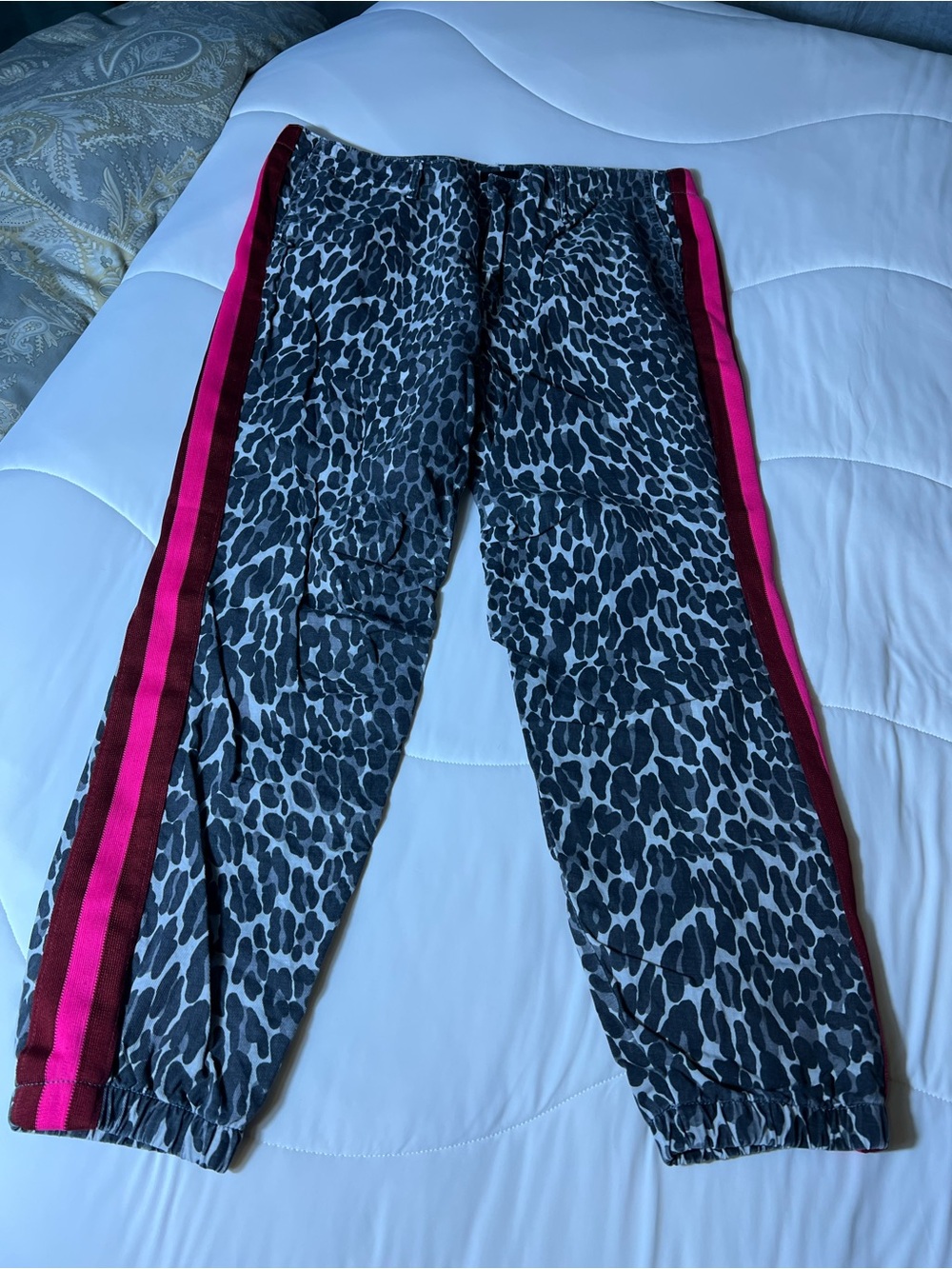 MOTHER Leopard Track Joggers with Pink/Red Side Stripes